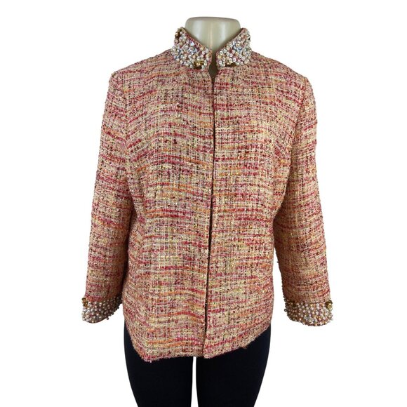 Chicos Womens Multicolor Jacket W/ Pearl & Rhinestone Embellished Collar Sz 1 - Picture 1 of 10